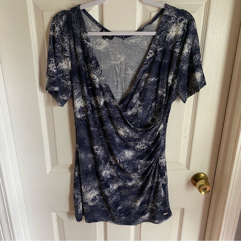 Escada Sport Navy Blue & White Printed Faux Wrap Shirt Medium